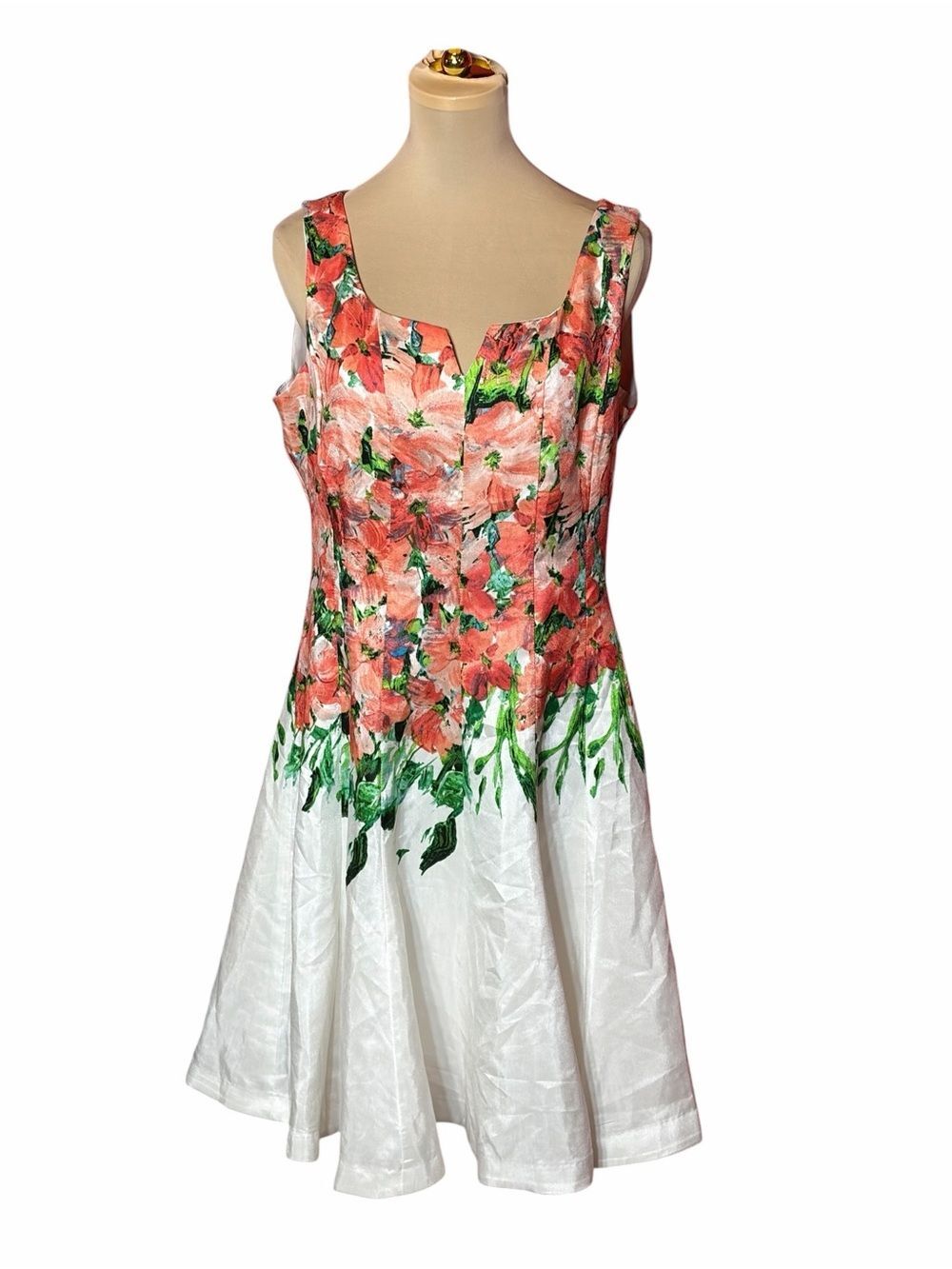 Dress Barn Coral Floral Fit & Flare Midi Dress Sleeveless Size 12 NWT